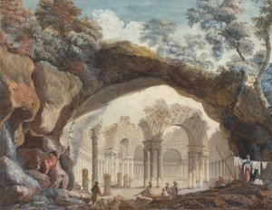 Mimari Fantezi: Doğal Bir Kemerden Görülen Dairesel Bir Tapınağın Harabeleri by Pierre Adrien Paris