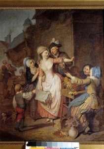 Baştan Çıkarma Bir adam genç bir kadını bir buket çiçek vererek baştan çıkarır, başka bir kadın onu uyarmış gibi görünür. Pierre-Alexandre Wille dit Wille Fils'in (1748-1821) tablosu. 1778. Paris, Dekoratif Sanatlar Müzesi