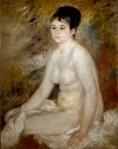 Banyodan sonra. Oturan çıplak bir kadının portresi. Resim Pierre Auguste Renoir (Pierre-Auguste)