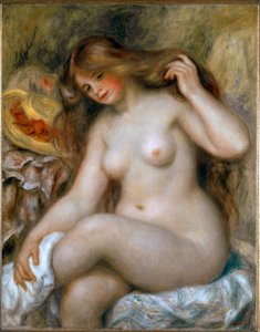 Sarışın yüzücü. Çok uzun saçlı çıplak kadın. Resim Pierre Auguste Renoir (Pierre-Auguste)