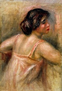 Üç çeyrek boyunda bir kadın. Pembe bir tulum giymiş ve saçlarını topuz yapmış. Pierre Auguste Renoir (1841-1919) tarafından yapılmıştır. Tuval üzerine yağlıboya. Özel koleksiyon