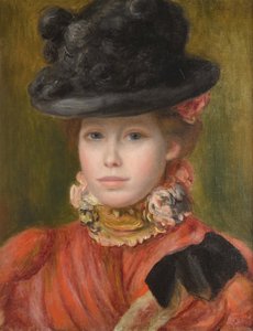 Kırmızı çiçekli siyah şapkalı kız - Kırmızı çiçekli siyah şapkalı kız, Renoir, Pierre Auguste (1841-1919), c. 1890 - Tuval üzerine yağlı boya - Özel Koleksiyon by Pierre Auguste Renoir