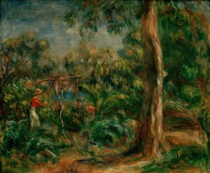 Büyük ağaç. Ca bahçesinde kırmızı korsajlı kadın by Pierre Auguste Renoir