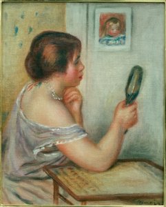 Marie Dupuis elinde Coco portresi olan bir ayna tutuyor. by Pierre Auguste Renoir
