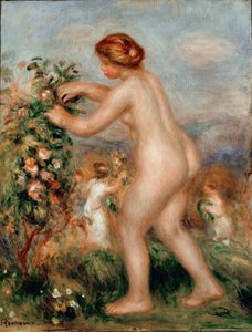 Çiçeklere övgü. Çıplak kadın gülleri ceuillating bir gül ağacına sahiptir. Resim Pierre Auguste Renoir (Pierre-Auguste)