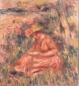 çimenlerin üzerinde oturan kadın by Pierre Auguste Renoir