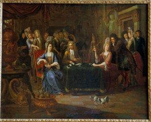 Bir oturma odasında iskambil oynayan soylular kart oyuncuları. Resim Pierre Bergaigne (1652-1708) 1699 Arras, Musee Des Beaux Arts by Pierre Bergaigne