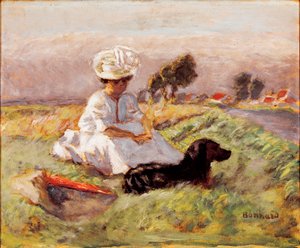 Madam Bonnard Ressamın karısı köpeğiyle çatışmada oturuyor. Tablo Pierre Bonnard tarafından by Pierre Bonnard