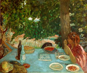 Kirazlı turta Oturan genç kadının bahçesinde bir masa var. Pierre Bonnard