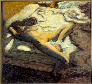 Bir yatakta yatan tembel çıplak genç kadın. Pierre Bonnard (1867-1947) 1899 Sun tarafından tablo. 0,96x1,06 m Paris, Orsay Müzesi