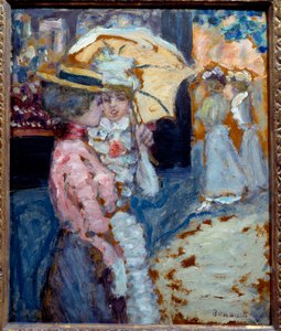 Yürüyüş Belle Epoque modasına bürünmüş iki zarif genç kadın şemsiyelerinin altında konuşuyor. Pierre Bonnard (1867-1947) 1900 Sun tarafından tablo. 0,38x0,21 m Özel koleksiyon by Pierre Bonnard
