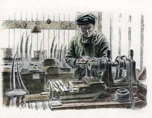 Fil savunması üzerinde çalışan atölyesinde iş yerinde fil dişi oyan bir Fildişi işçisi (Fil dişi oyan fildişi işçi) Pierre Calmette'in "" Excursion a travers les metiers" gravürü Koleksiyon hakkı