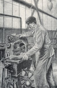 Bir silah fabrikasında tüfek dipçiklerinin kesilmesi Pierre Calmette Özel Koleksiyonundan gravür by Pierre Calmettes