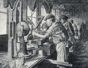 Paris yakınlarındaki Sevres'teki kristal cam imalathanesinde kesim atölyesi Pierre Calmette Özel Koleksiyonu "Excursion a travers les metiers"den gravür by Pierre Calmettes