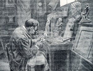 Keski, sıyırıcılar ve oyuklarla fildişi oyan fildişi işçisi Pierre Calmette Özel Koleksiyonu “Excursion a travers les metiers”den gravür