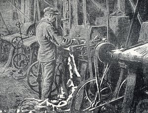 Deri endüstrisi: kürklerin mekanik olarak biçilmesi Pierre Calmette Özel Koleksiyonu "Excursion a travers les metiers"den gravür