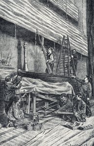 Mülk ustaları: performanstan önce sahne setlerinin kurulması Pierre Calmette Özel Koleksiyonu "Excursion a travers les metiers"den gravür by Pierre Calmettes