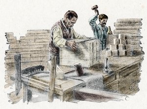 Savonnerie: le découpage des breads de soap (sabun kalıplarının imalatı) Pierre Calmette'in "Esnaf aracılığıyla gezi" adlı gravürü Özel koleksiyon by Pierre Calmettes