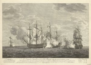 Bir İngiliz gemisinin St. Eustatius açıklarında üç Fransız gemisine saldırısı, 1758 by Pierre Charles Canot