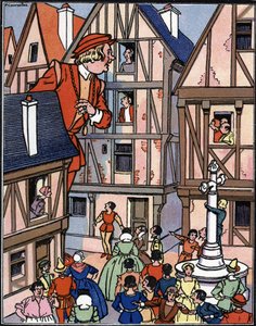 Chinon sokaklarındaki dev Gargantua, François Rabelais'in “Gargantua”sından Pierre Couselles'in (1938'de öldü) illüstrasyonu by Pierre Courselles