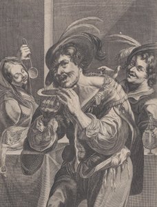 İki kişi onu izlerken çorba içen adam, 1624-75.