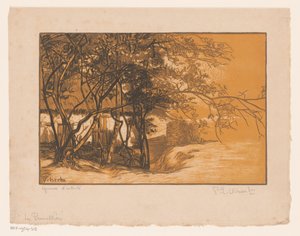 Ağaçların arkasında bir çiftlik ile manzara Les Prunelliers (nesne üzerindeki başlık) by Pierre Eugène Vibert (signed by artist)