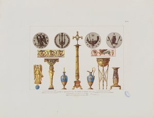 Ressam Cİ İsabey'in atölyesinden detaylar ve süslemeler, 'Mobilya ile ilgili her şeyi içeren iç dekorasyon koleksiyonu'ndan, Paris'te yayınlandı, 1801