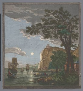 Ay ışığında suda gemiler ve teknelerle dolu bir sahil manzarası La pleine lune (nesne üzerindeki başlık) by Pierre François Basan
