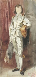 Van Dyck kostümlü ayakta duran çocuk, kırmızı perdeye karşı