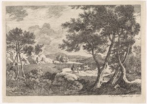 Ön planda ağaçlar olan manzara by Pierre Joseph Jacques Tiberghien
