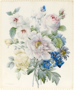 Şakayık, Gül, Hibiscus, Aster, Centiyana ve Hayali Mavi Kelebek dahil bir Buket Çiçek (parşömen üzerinde grafit üzerinde Arap zamkı izleri olan grafit ve tuvalet)