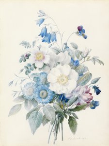 Mavi asterler, rosa spinosissima (hibrit), harebell, viyolalar, karanfil ve yabani bir gül by Pierre Joseph Redouté