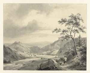 Yolda köpek ile avcı ile tepelik manzara by Pierre Louis Dubourcq
