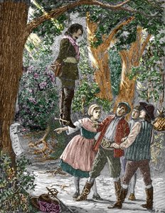 Alman serbest mahkemeleri Vehmic mahkemesi (Vehmgericht, kutsal vehme) tarafından yargılanan asılmış bir adam, Almanya'da Vestfalya'nın geç Orta Çağ'da aktif olan bir "proto-vigilante" mahkeme sistemi, özgür yargıçlar olarak adlandırı