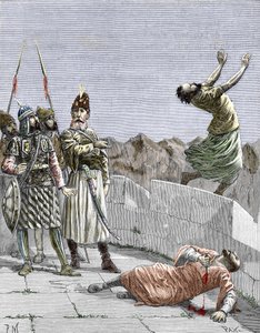 Doğunun İsmaili mezhebi ya da Dağın yaşlı adamı olarak bilinen Hassan ibn al-Sabbah (1036-1124) tarafından kurulan katiller”, iki fanatik takipçisinin kendilerini öldürmelerini emrediyor, Alamut, İran, 1096 civarında” (Nizari) İsmailizm: Hassan'ın tems