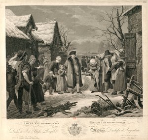 Louis XVI, 1788 Kışında Yoksul Köylülere Sadaka Dağıtıyor, c. 1817. by Pierre Michel Adam