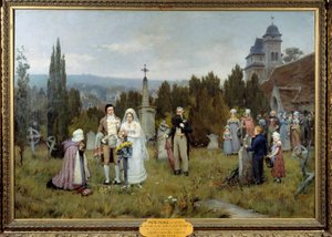 Piete iştiraki Düğün Sahnesi, genç gelinler, genç gelinlerden birinin ölen babasının mezarı üzerinde toplanır. Pierre Otin (1840-1899) 19. yüzyıl tablosu. Fecamp, müze sanat merkezi by Pierre Outin