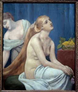 Kadının tuvaleti veya tuvaleti var. Uzun, sarı saçlı çıplak bir kadın bir hizmetçi tarafından şekillendirilir. Pierre Puvis de Chavannes (1824-1898) 1883 Güneş tarafından tablo. 0,75x0,63 m Paris, Orsay Müzesi