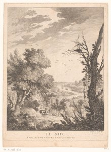 Geyik, tavşan ve kuşlar ve arka planda bir nehir ile manzara Le Nid (nesne üzerindeki başlık) by Pierre Quentin Chedel