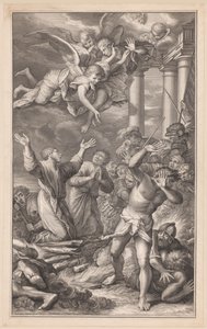 Cosmas ve Damianus, askerler ve meleklerle çevrili bir kazığa bağlandı. by Pierre Simon (I)