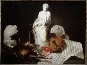 Ressam, keman, notalar, heykel Sanat Paletinin özellikleri. Pierre Subleyras tarafından boyama