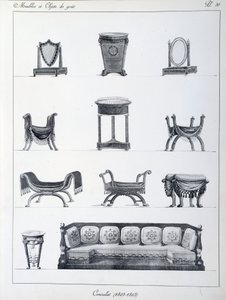 Dönem Konsolosluğu mobilyaları (1802-1803). Pierre de la Mesangere (1761-1831) tarafından “Mobilya ve zevk nesneleri koleksiyonu” koleksiyonundan alınan plaka. Paris. Dekoratif Sanatlar