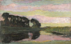 Pembe ve sarı yeşil gökyüzü, ca 1907-1908 ile nehir manzarası. by Piet Mondrian