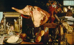 ""Vanitas et Christ chez Marthe ve Marie" (Vanity Natürmort (Mesih Marta ve Meryem'in Evinde) Peinture de Pieter Aertsen (1508-1575) - 1552 - Ahşap üzerine yağlı boya Dim 61,5x101 cm Sanat Tarihi Müzesi, Viyana by Pieter Aertsen