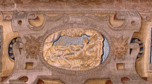 Flaman halısı. Vertumnus ve Pomona.Vertumnus serisi bir çiftçiye dönüştü. Alt sınırın orta kısmında Jüpiter