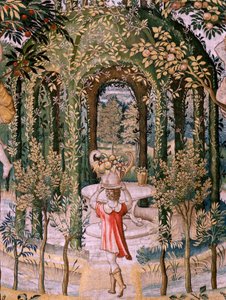 Flaman halısı. Vertumnus ve Pomona Serisi; Vertumnus bir bahçıvana dönüştü (Vertumno transformado en jardinero). Serinin beşinci halısı. Pieter Coecke Van Aelst ve Léonard Thiry