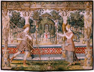 Flaman halısı. Vertumnus ve Pomona Serisi; Vertumnus bir bahçıvana dönüştü (Vertumno transformado en jardinero). Serinin beşinci halısı. Pieter Coecke Van Aelst ve Léonard Thiry