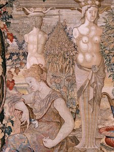 Flaman halısı. Vertumnus ve Pomona Serisi. Vertumnus yaşlı bir kadına dönüştü. Vertumnus yaşlı bir kadına dönüştü. Serinin altıncı halısı. Pieter Coecke van Aelst