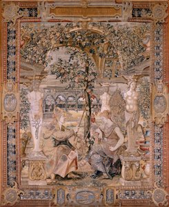 Flaman halısı. Vertumnus ve Pomona Serisi. Vertumnus yaşlı bir kadına dönüştü. Vertumnus yaşlı bir kadına dönüştü. Serinin altıncı halısı. Pieter Coecke van Aelst