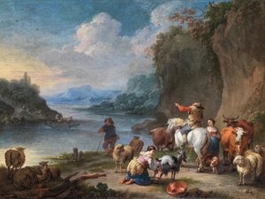 Çobanlar ve sürüleri nehir kenarında dinleniyor by Pieter Bout